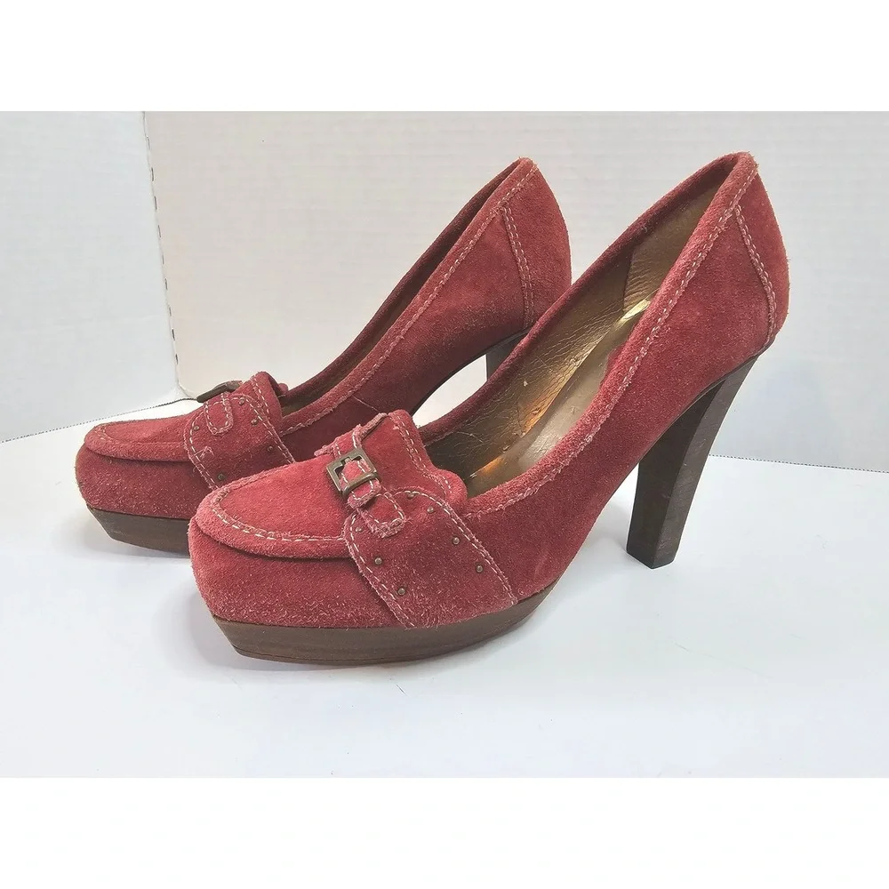 Schutz Camurcao Rouge Red Suede Platform Heels Loafer Style Chunky Heel SZ 7.5